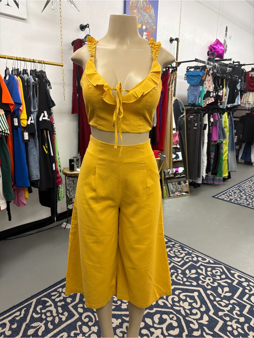 Mustard Yellow Ruffle Crop Top & Culotte Set - Women's Two-Piece